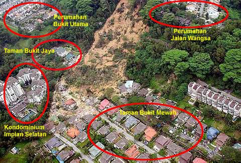 KEDUDUKAN kawasan perumahan yang diklasifikasikan sebagai tidak selamat sebelum ini. Berdasarkan laporan penilaian geoteknikal JKR, lebih 2,000 penduduk terbabit dibenarkan untuk pulang ke rumah mereka mulai Sabtu lalu.