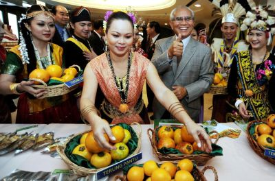 Jabu menunjukkan isyarat bagus pada majlis pelancaran produk Terung Asam Sarawak di Kuching, Jumaat.