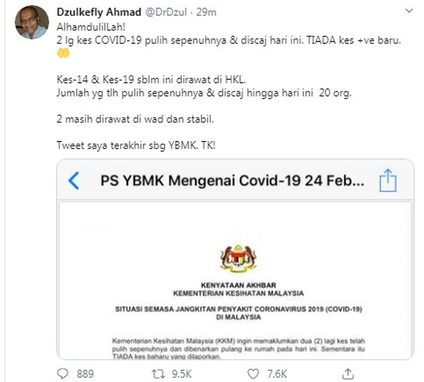 Umum 2 pesakit dibenar pulang, posting Dr Dzulkefly timbul tanda 