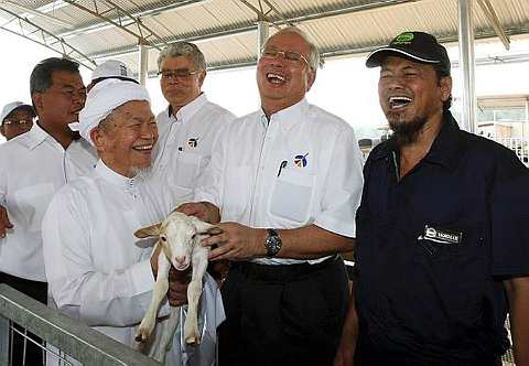 MESRA... Walaupun berbeza ideologi politik, Perdana Menteri, Datuk Seri Mohd. Najib Tun Razak dan Mursyidul Am PAS, Datuk Nik Aziz Nik Mat berkongsi kegembiraan memegang seekor anak kambing biri-biri yang dilahirkan di ladang pembiakan biri-biri di Kampung Runchang yang terletak di bawah projek Wilayah Ekonomi Pantai Timur (ECER). Projek itu dilancarkan oleh Najib hari ini. Di sebalik 'ribut politik' tanah air, kedua-dua pemimpin ini bersemuka buat kali ketiga dalam tempoh seminggu ini termasuk semalam di Putrajaya --fotoBERNAMA
